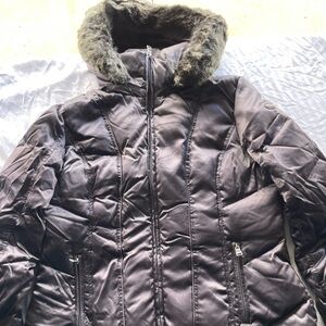 Calvin Klein Gray Silver Brown Faux Fur Hood Women’s Sz XL Puffer Coat